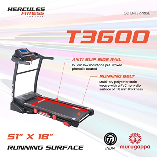 Image of GD Hercules Fitness Equipment | T 3600 3.5 HP Peak DC Motorized Treadmill | 15 Level Auto Incline | Home Cardio | Max Speed 16 Km /Hr | Max User Weight 120 Kg | Free Installation Assistance