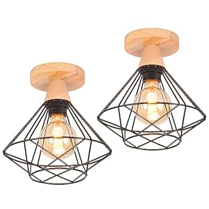 iDEGU Lot de 2 Plafonniers Industriels, 22CM Vintage Luminaire E27 Rétro Lustre Suspension en Bois et Fer Design Cage Noir Lampe de Plafond pour Salon Couloir Chambre Cuisine