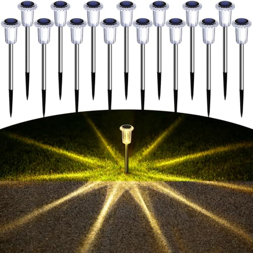 Image of DenicMic Solar Garden Lights Outdoor Waterproof Warm White LED 15 Pack | Yard Garden Driveway Walkway Landscape Path Lights, Starburst Pattern, Acrylic Diamond-like Lampshade Stainless Steel Pole