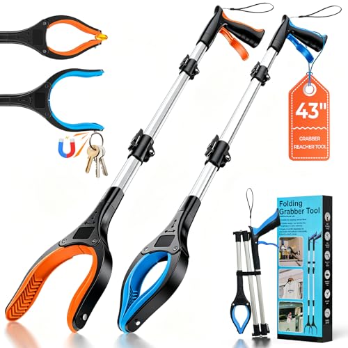 Image of 44 inch Grabber Reacher Tools, 2 Pack Upgraded Strong Foldable Reacher Grabber Heavy Duty Pickup Tool, 4 inch Wide Claw Opening & 360 Rotating Jaw & Magnet Lightweight Grabber Tool for Senior Patient