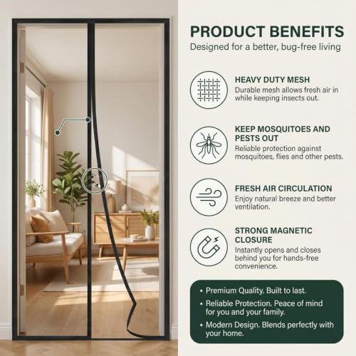 Image of HM World Magnetic Mosquito Net for Door Fiberglass Mesh Auto Closing Magnetic Screen Door with Self Adhesive Hook Tape Heavy Duty Insect Protection Easy Installation Black 7 Feet