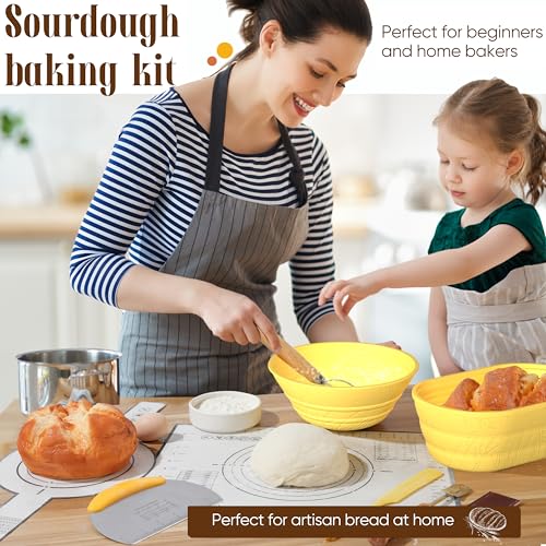 BICRET Sauerteig Ferment Set-15-teiliges Brot backen Zubehör mit Gärkorb Weizenmuster, Gärglas,Thermometer,Gärkorb Brot Silikon-Set,Teigmesser Geschenk für Anfänger (gelb)