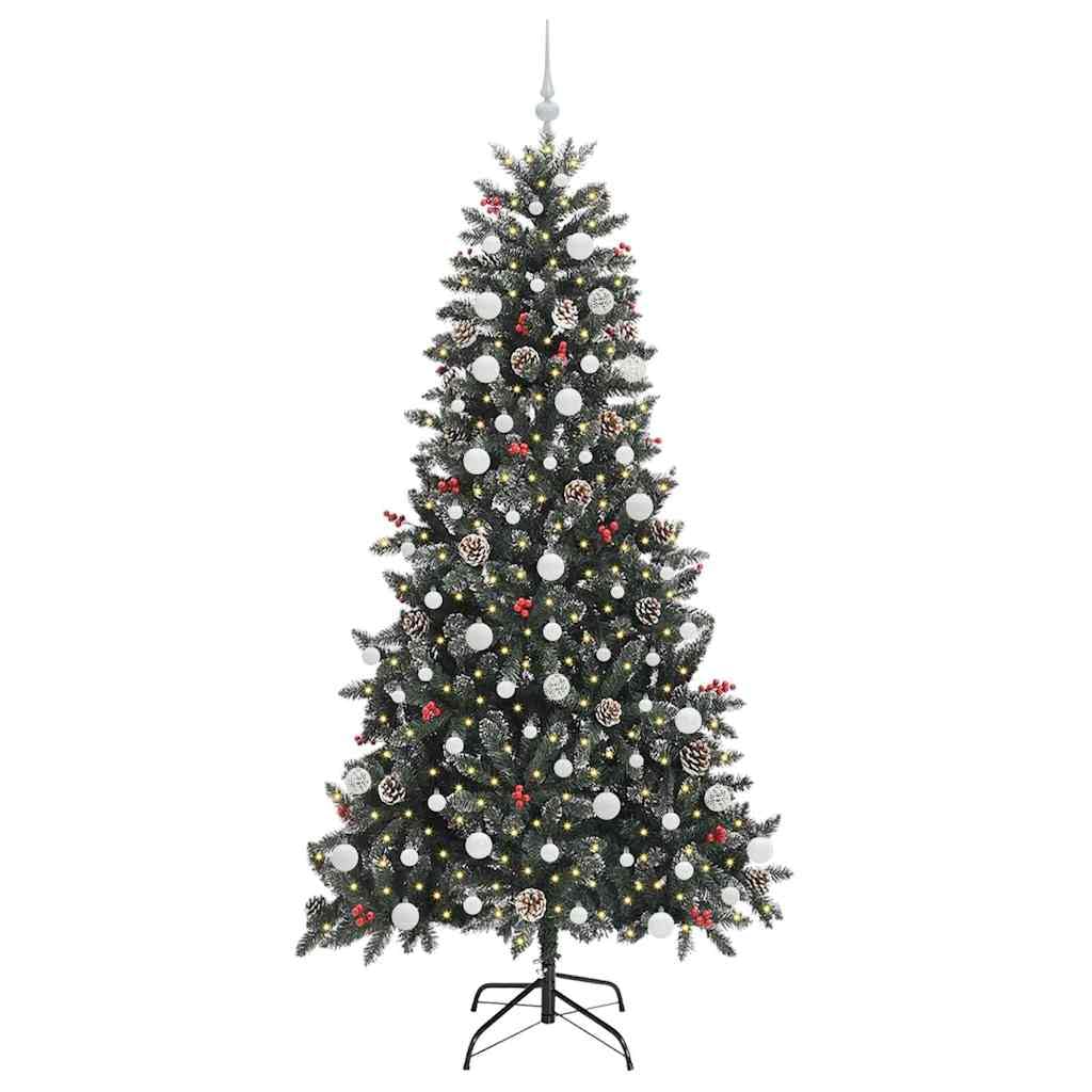 Albero di Natale artificiale verde, 210 cm, in PVC e acciaio, con luci a