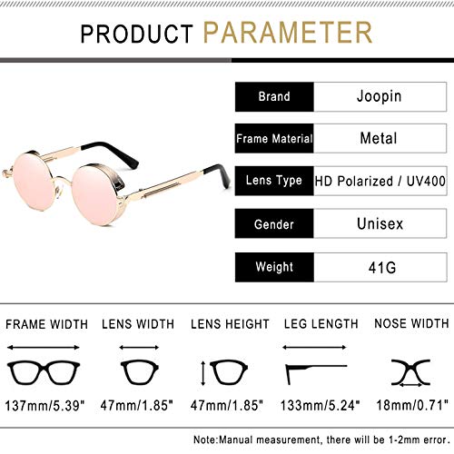 Joopin Retro Polarised Steampunk Sunglasses Round Mirrored lens Metal Circle Vintage Sunglasses for Men and Women(Retro Pink) steampunk buy now online
