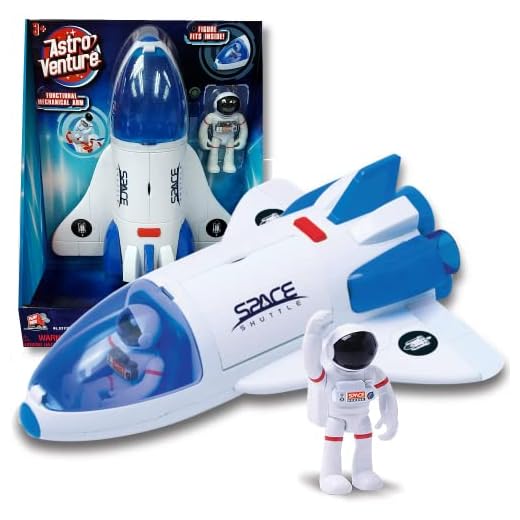 Astro Venture Space Shuttle Toy - Plastic White Spaceship for Kids with Lights and Sound - Astronaut Figure, Openable Cockpit and Compartment, Extended Arm - Fun Space Toys for any Mission & Adventure