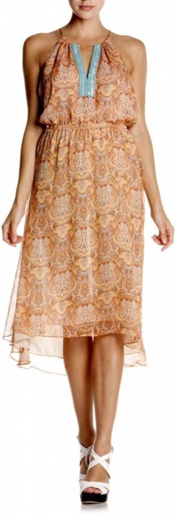 Miss Me MM Couture Halter Chiffon Dress Paisley Print Beading Front V-Neck Line Brown