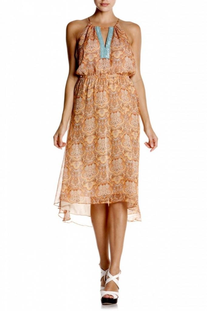 Miss Me MM Couture Halter Chiffon Dress Paisley Print Beading Front V-Neck Line Brown