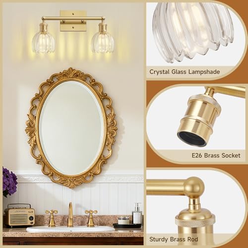Image of Vintage Bathroom Light Fixtures,2-Light Rustic Vanity Lights for Bathroom,Hallway,16.5 in Brass Vanity Lights,Tulip Light Fixtures for Mirror with Clear Tulip Glass Shade for Bedroom,E26 Base