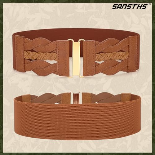 SANSTHS Vintage Stretchy Belt for Women, Womens Wide Elastic Belts for Dresses Coats, Fashion Womens Belts with Gold Buckle