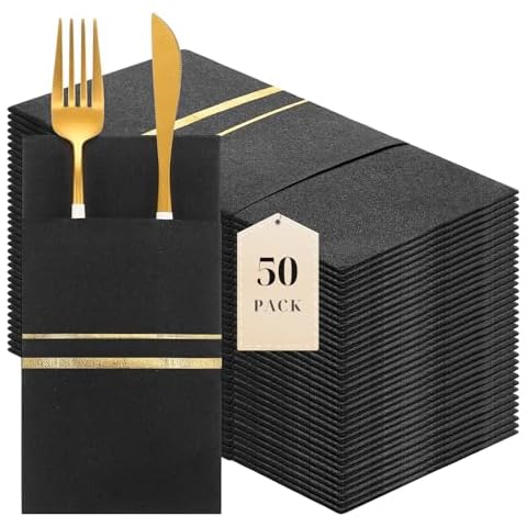 LEKOCH 50 PCS Black and Gold Napkins Cover