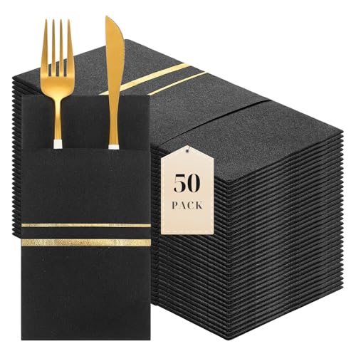 LEKOCH 50 pcs Qualite Serviette Porte Couvert Jetable Noires et Or Serviette de table Intisse Epaisse Noires et Or fonce avec poche pour mariage, Noël ou la...