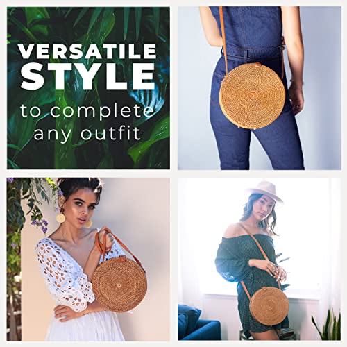 Image of Novum Crafts Round Rattan Bag for Women - Handmade Ata Wicker Woven Purse - Circle, Square, Oval Brown Straw Boho Bags