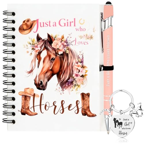 3 Stück Pferde Geschenke Set für Frauen,Notizbuch Kugelschreiber Schlüsselanhänger für Pferde-Mädchen,Just A Girl Who Loves Horses Geschenk für Dankeschön Geburtstag Weihnachten Abschluss Reiter