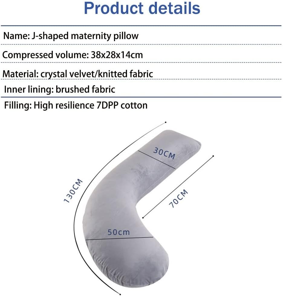 Pregnancy Pillow J-Shaped Cotton Body Pillow for Pregnant Women. Maternity Pillow Side Sleeper Pillow Cuddle Pillow,. with Detachable Jacket and Wash (Color : Gray1, Size : 130x50cm)