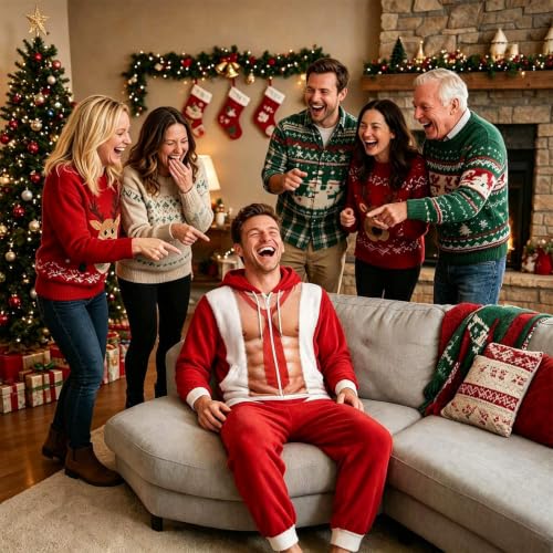 Men Funny Christmas Zip Up Hooded Onesie Fake Muscle Print Dad Jumpsuit - image 2