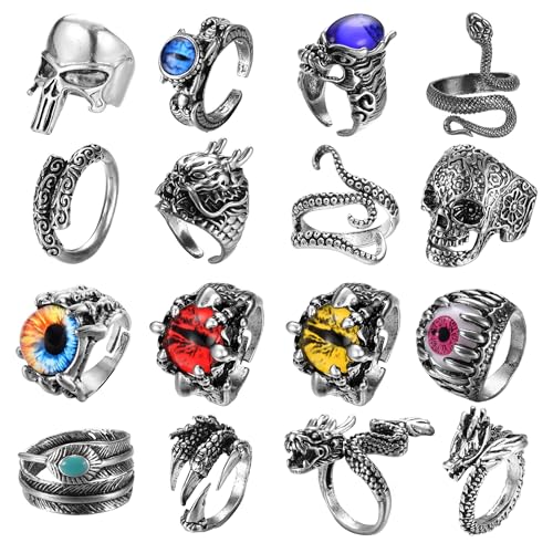 FIBO STEEL 16 Pieces Vintage Punk Rings for Men Women Gothic Rings Black Dragon Snake Claw Skull Octopus Eyes of Hell Open Adjustable Rings Set