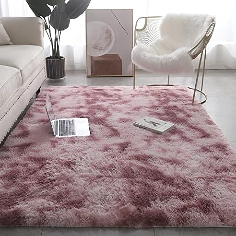 HARESLE Dense Pile Shaggy Rugs Gradient Color Durable Carpets Fleece Fluffy Bedroom Rug Anti-Slip Floor Covers, Light Purple/2.6x4 feet Cover