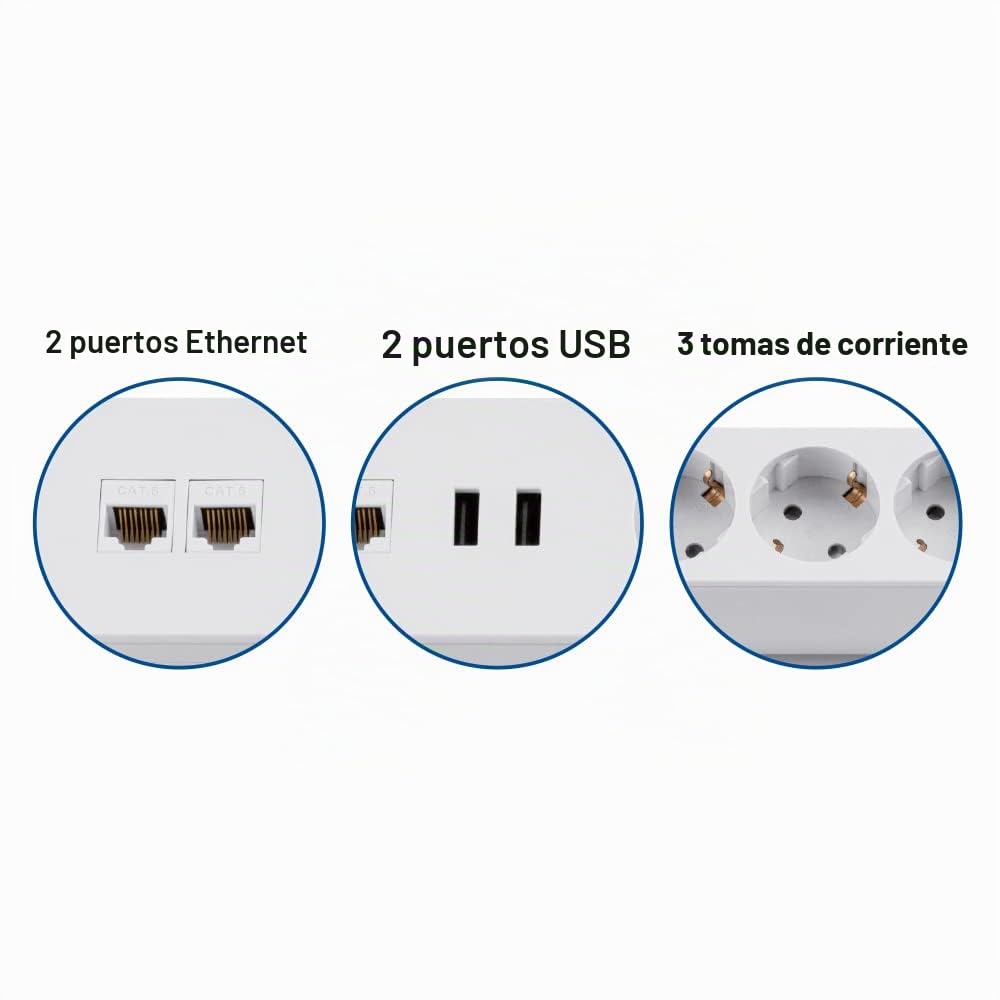 maxtrack Enchufe de Mesa NV64L con 3 enchufes con protección de Contacto con 2 Puertos USB y 2 Conectores LAN, Enchufe múltiple para el hogar, atornillable, botón para encender y Apagar, regleta con