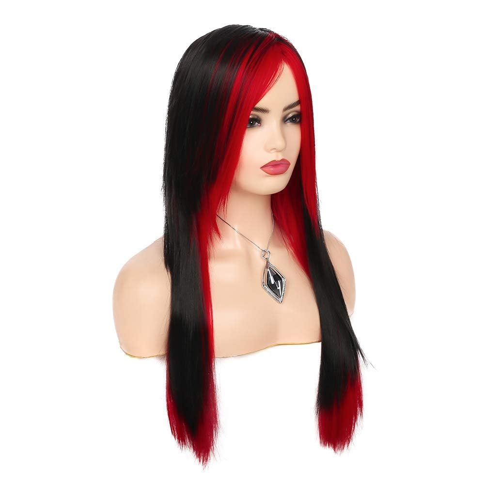 Qnbiar Long Red Black Wig Silky Straight Synthetic Heat Resistant Side Bangs Halloween Costume Hair Wigs for Women - Image 4