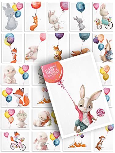 Geburtstagskarten 24er Set hochwertige Postkarten, Tierisch niedlich, Glückwunschkarten zum Geburtstag, Happy Birthday Karten, Grußkarte, Gutschein, süß niedlich, Märchen, Kindergeburtstag, Hase Bär