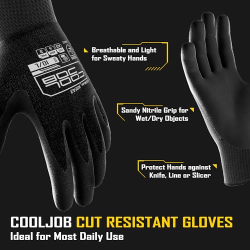 COOLJOB A3 Cut Resistant Safety Work Gloves for Men and Women, Black Nitrile Rubber Fishing Gloves, Touchscreen, Knife Proof, Extra Hand Protection for Wood Cutting, 3 Pairs Medium - Thumbnail 2