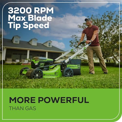 Image of Greenworks 60V 21in Brushless Self-Propelled Cordless Lawn Mower, 2 x 4.0Ah Batteries (3 /4 Acre, Rapid Charger, 4-in-1, LED Lights, IPX4), Extra Mower Blade