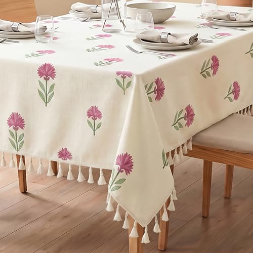 Image of Urban Space 100% Cotton Dining Table Cover for 6 Seater, Printed Cotton Table Cloth for Center Table, Dining Room Table Cover with Tassels 48 inch X 92 inch (Aster Pink, 6 Seater)
