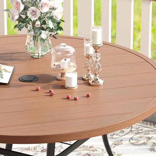 Image of VICLLAX 53 inch Outdoor Round Patio Table for Lawn Garden, All Weather Metal Round Patio Dining Table with Adjustable Umbrella Hole, Patio Table for 8 Person, Walnut Tabletop