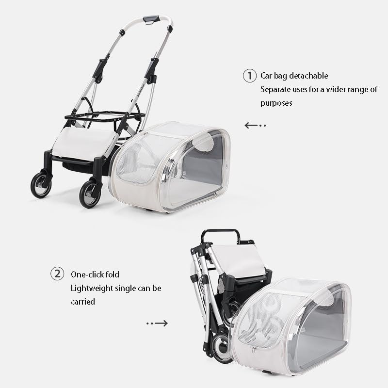 Portable Pet Stroller for Cats, Foldable Lightweight Design, Transparent Detachable Carrier, White Frame with Black Base, 27.56x14.96x40.55 Inches
