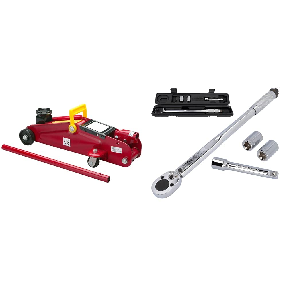 UNITEC Rangierwagenheber, Hydraulik 2 T Tragkraft, für Werkstatt und Hobby & Drehmomentschlüssel, Einstellbar von 40 bis 210 Nm, Antrieb 1/2" Vierkant, mit Stecknüssen 17/19 mm und Verlängerung