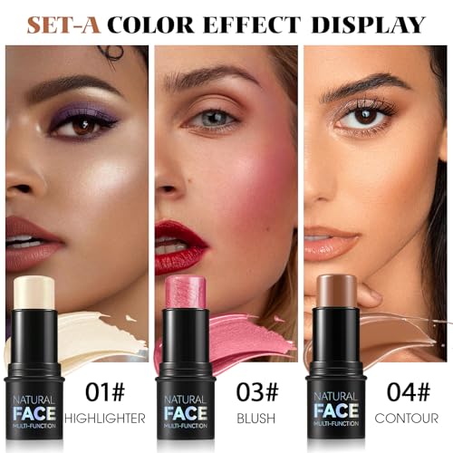 LSxia 3Pcs Cream Contour Stick Makeup Kit - Cream Blush Stick Highlighter Stick Contour Bronzer Stick for Cheeks, Waterproof Long Lasting Blendable, Contour Stick Trio for Face Makeup (#01, 03, 04)