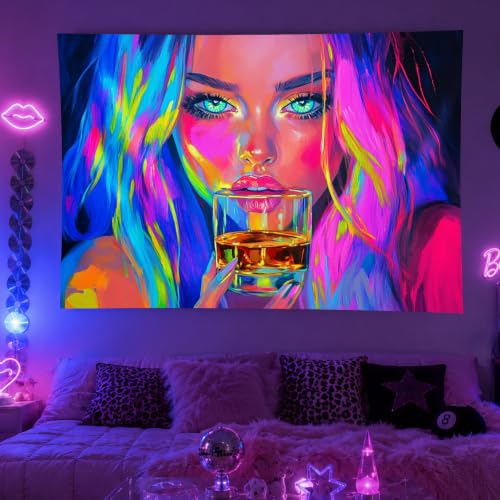 Image of BlissYard Neon Tapestries Cool Girl Anime Wall Tapestry Aesthetic Blacklight Tapestry UV Reactive Purple Tapestries Glow In The Dark Art Wall Hanging Poster Room Bedroom Party Backdrop Decor 78x59 In