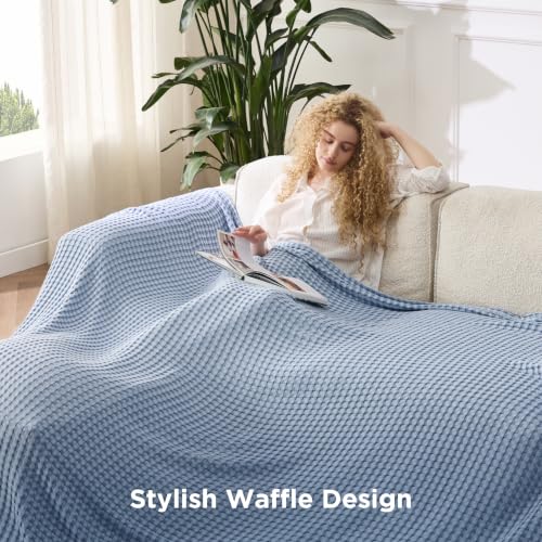 Image of Bedsure Cooling Cotton Waffle Oversized King Blanket - Lightweight Breathable Rayon Derived from Bamboo for Hot Sleepers, Luxury Throws for Bed and Sofa, Sky Blue, 120x96 Inches