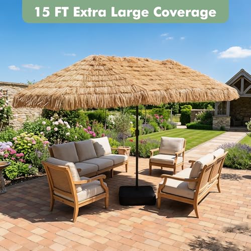 Image of Tangkula 15 FT Tiki Patio Umbrella with Base Included | Hawaiian Style, PE Grass, Crank Handle, 12 Heavy-Duty Ribs, for Beach Patio Garden Pool Backyard