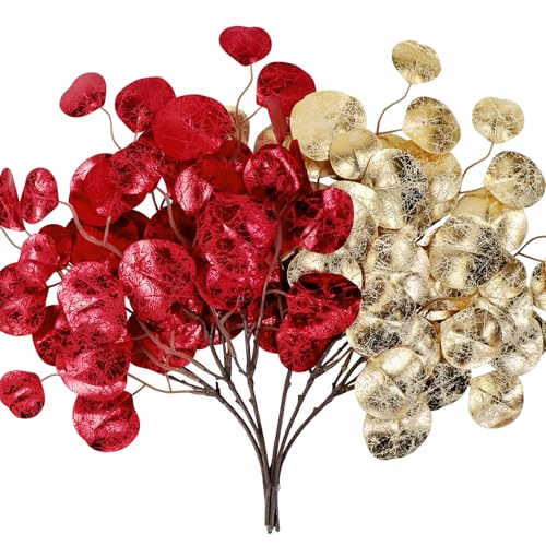 KKSTY 6 ramas de hojas de eucalipto con purpurina, tallos de eucalipto artificiales de 15 pulgadas para decoraciones de Navidad, relleno de jarrón, hogar, oficina, arreglos florales, decoración de