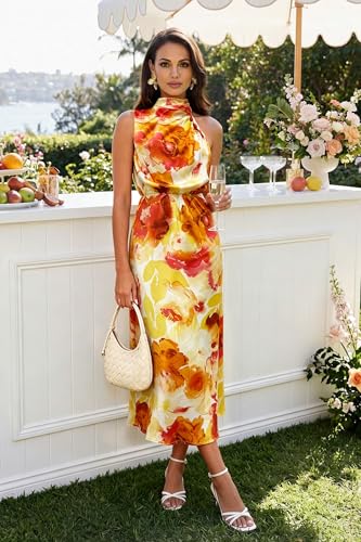 Image of Women's Satin Maxi Dress Summer Formal Wedding Guest Cocktail Dress | Mock Neck Sleeveless,Elegant Silk Midi Long Dress,High Neck,Halter,Aline,Bridesmaid,Bridal Shower Guest,Garden Party,Dinner