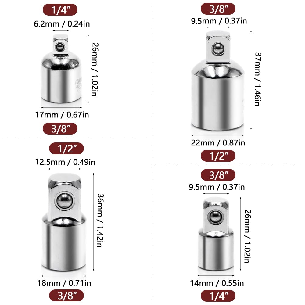 Zestaw 4 adapterów do kluczy nasadowych, 1/2 na 3/8, 3/8 na 1/2, 1/4 na 3/8, 3/8 na 1/4 do kluczy nasadowych