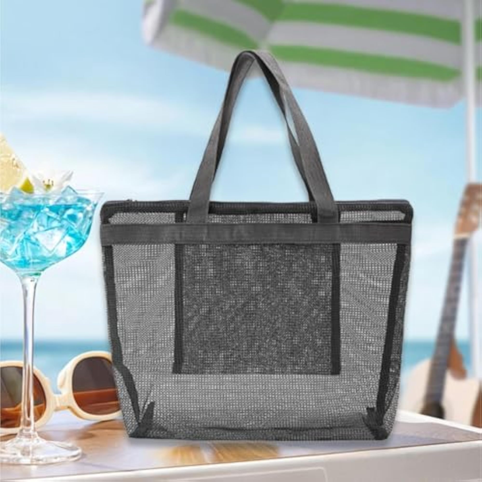 Mesh Beach Bag with Zipper, Large Capacity Gray