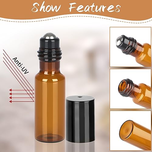 Roll On Glasflaschen für Ätherisches Öl, 24 Stück Roll On Flasche mit Edelstahl Roller, 5ml Leer Roller Flaschen mit Öffner, Tropfer, Strohhalm für Ätherisches Öl, Parfüm, Kosmetika, Massage (Braun)