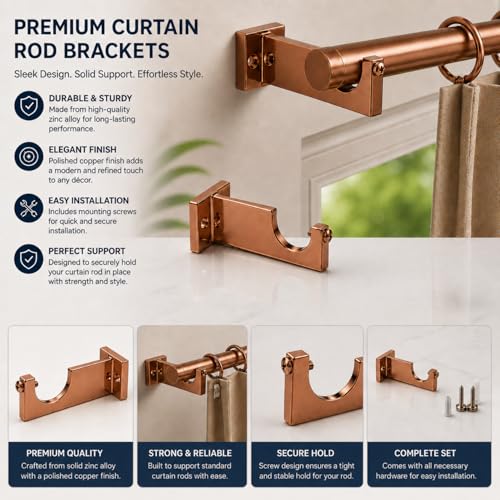 Image of Elite Aluminum Curtain Rod Brackets - Heavy-Duty Wall Mount Clamps for Curtain Rod Support for Door and Window Curtain Rods with Screw and Wall Plug - Pack of 2PCS (EliteCurve) (Rose Gold)