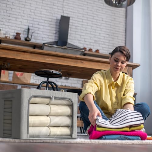 Image of FHSQX 2 Pack Clear Window Storage Bins - Large Stackable Linen Fabric Storage for Clothes Foldable Container Organizer Set with Carrying Handles (Light Gray, 15.7x 11.8x 9.8Inch)