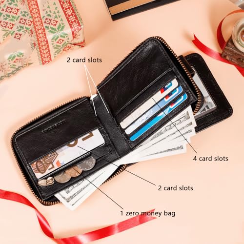 men's RFID shielded wallet, zipper leather wallet, suitable for men, with ID window and 14 card clips (Black)3