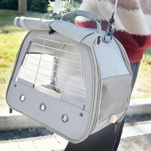 Image of Bird Travel Carrier Cage, with Stainless Steel Metal Window and Wood Perch, Portable Bag for Cockatiel Parakeet Conure Green Cheek Budgie (Grey, Steel Window)