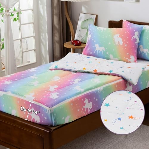 Image of Meeting Story Full Size Zipper Bedding, Glow in the Dark Girl Twin Bedding Sets,3 Pcs Unicorn Comforter Bed in a Bag with Fitted Sheet and 2 Pcs Pillowcases(Yellowpink,Full)