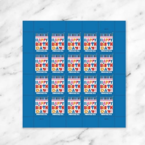 Happy Birthday 2026 (2 Sheets of 20) Oversized White Birthday Cake with Bright and Colorful Candles First-Class Mail Forever Postage Stamps