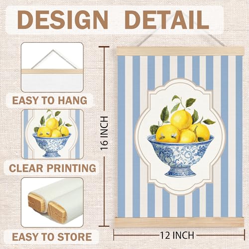 Image of PQKIY Blue and White Chinoiserie Porcelain Lemon Wall Art Poster Hanger Frame 12x16 in, Grandmillennial Summer Lemon Fruit Blue Striped Wall Decor Canvas Prints for Home Kitchen Bedroom Living Room