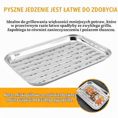 3 sztuki tacki do grilla ze stali nierdzewnej: 34,9 x 24,5 x 2,7 cm, tacka do wielokrotnego użytku, kosz do grilla, kosz na warzywa, akcesoria do grillowania warzyw, ryb lub mięsa