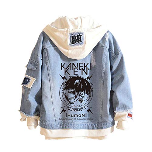 Ting room Tokyo Ghoul Ken Kaneki Denim Jacket Hip Hop Streetwear Men's Hooded Jean Jackets Male Casual Outerwear Cosplay Costumes (S, Tokyo Ghoul-1)