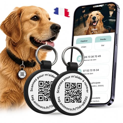 Médaille chien chat QR code Animoco : lot de 2 plaques d'identification étanches