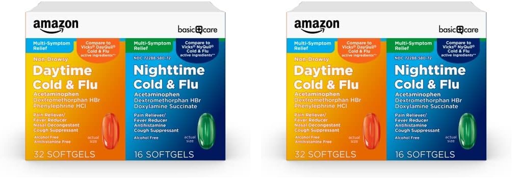 Amazon Basic CareCold and Flu Relief, Daytime and Nighttime Combo Pack Softgels, Powerful Cold Medicine for Day and Night Multi-Symptom Relief, 48 Count(Pack of 2)